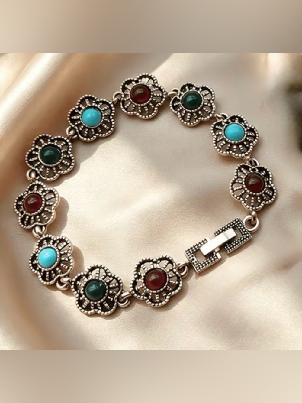 Western Vintage-Style Silver Floral Bracelet with Turquoise & Green Stones